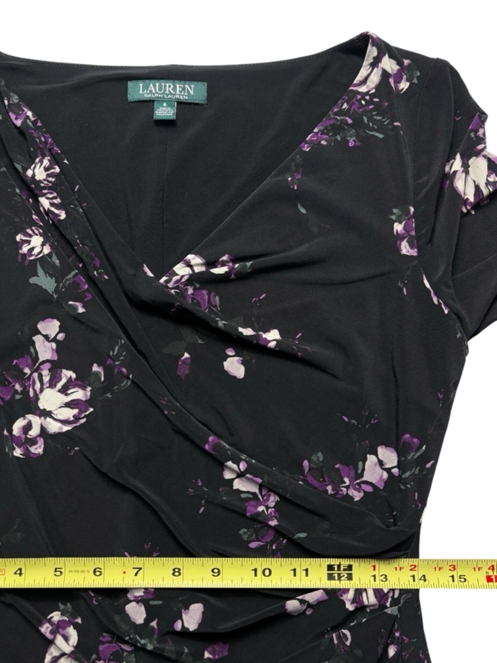 Lauren Ralph Lauren Black Floral Surplice Ruched Jersey Dress • 6 • 3/4 Sleeve - Picture 7 of 12